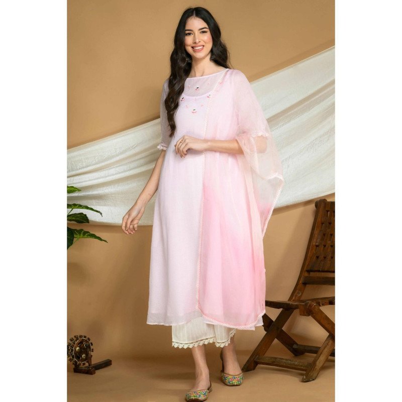 Women Liva Lemon Yellow Embroidered Kurta Comfort Pant Jacquard Dupatta